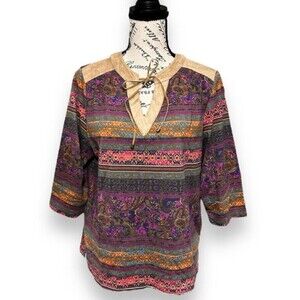 BonWorth XS Petite Boho Paisley Top Multicolor Suede Trim Blouse 3/4 Sleeve NWT
